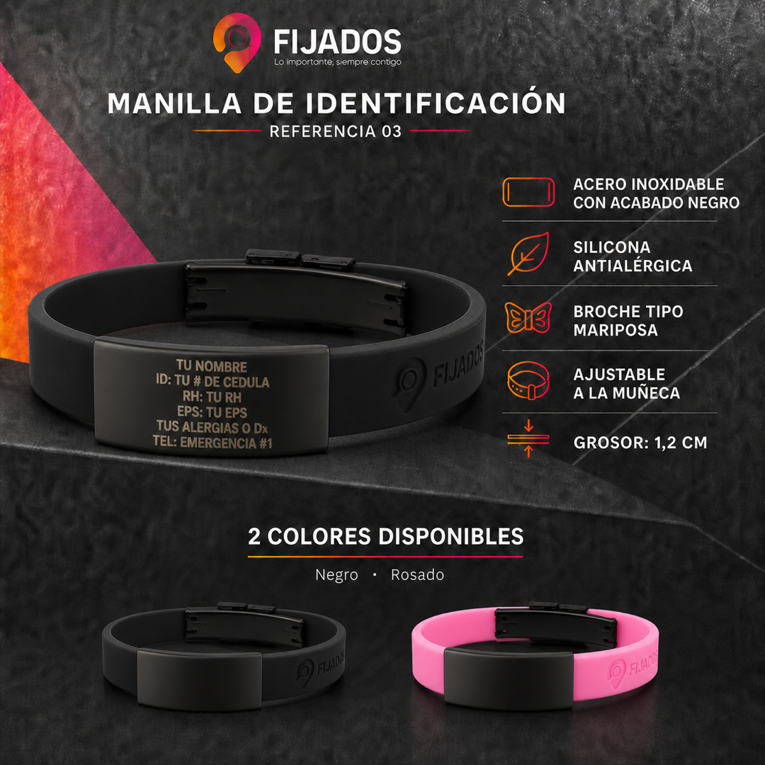 Manilla FIJADOS Referencia 03 Slim en silicona negra con placa negra y grabado champaña, junto a su versión rosada