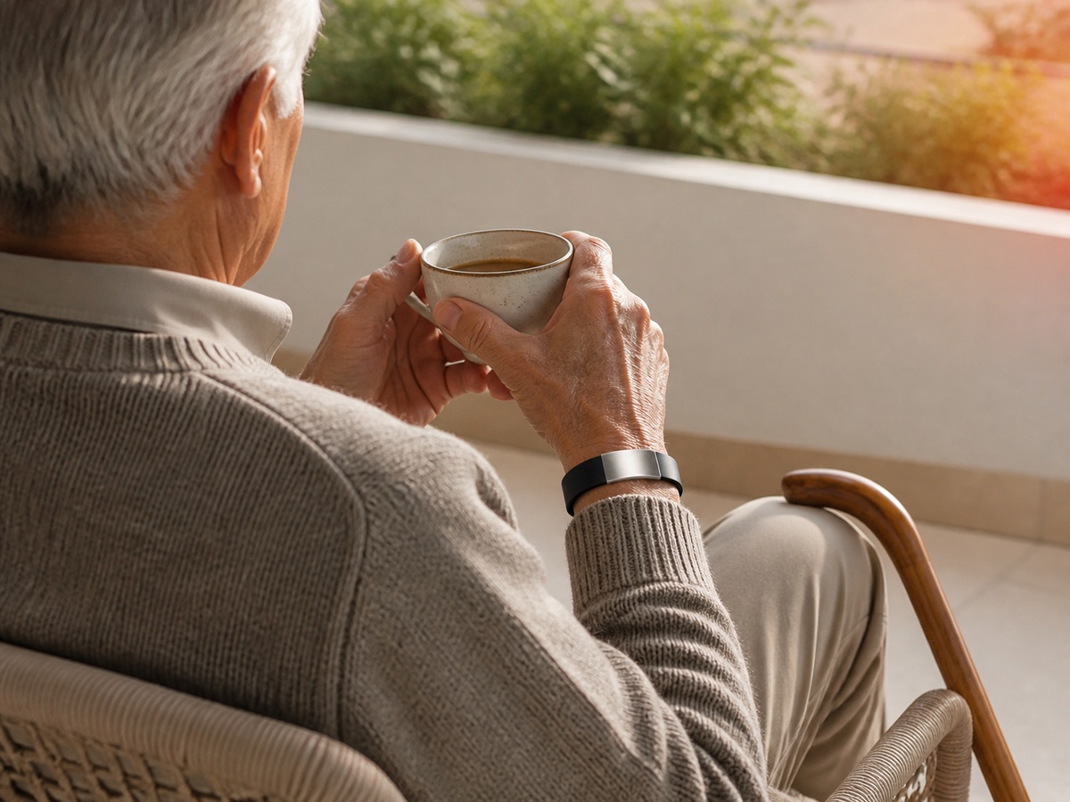 Adulto mayor sentado en su terraza con una taza de café y una manilla de identificación FIJADOS negra