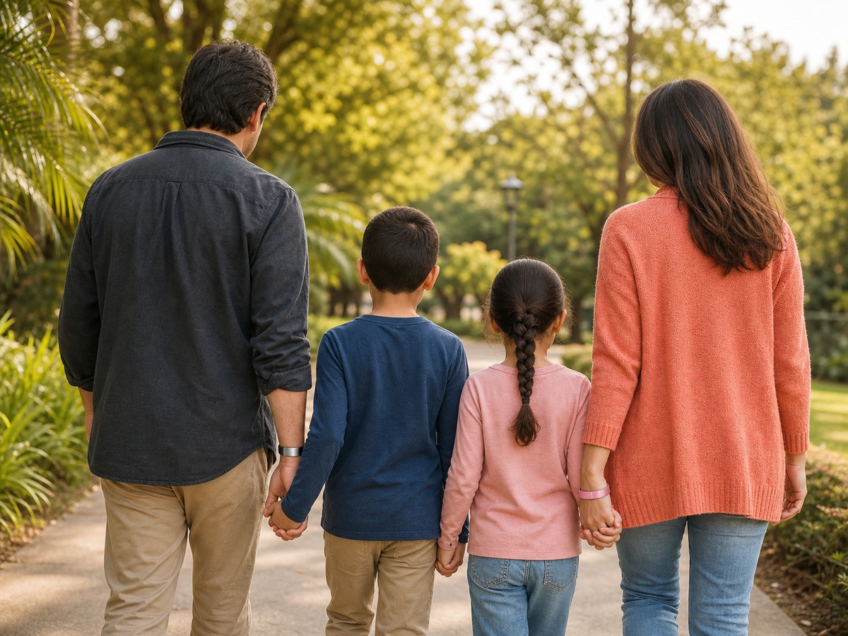 Familia caminando por un parque tomada de la mano, con manillas de identificación FIJADOS en las muñecas