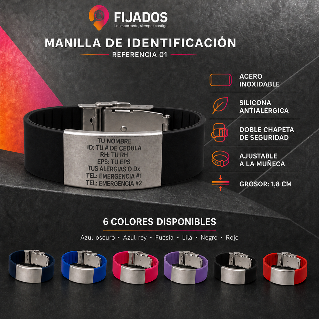 Manilla FIJADOS Referencia 01 en silicona negra con placa de acero inoxidable grabada y sus seis colores disponibles