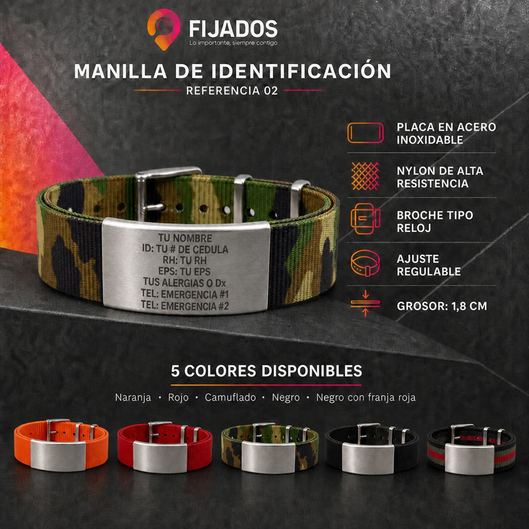 Manilla FIJADOS Referencia 02 en nylon camuflado con placa de acero inoxidable grabada y sus cinco colores disponibles